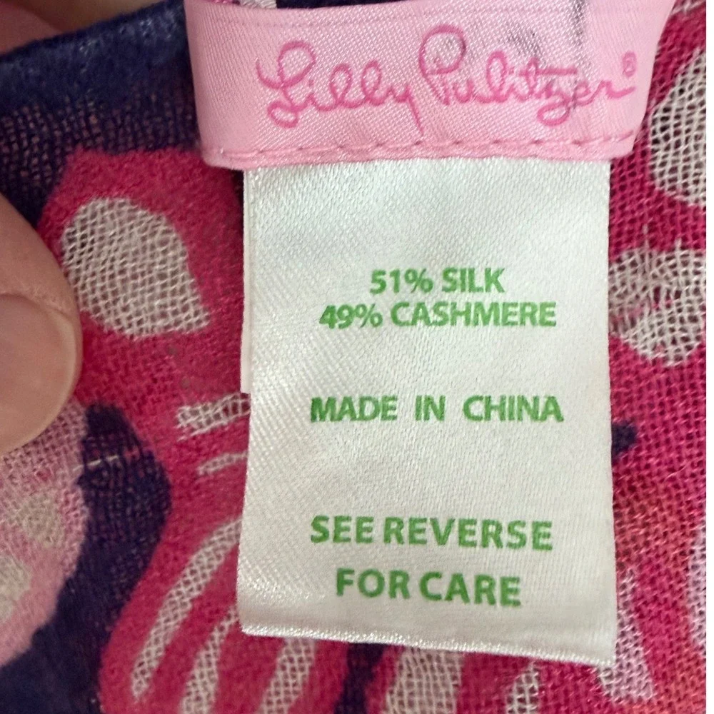 Lilly Pulitzer Murfee Scarf Pink Navy Blue Fish Print Silk Cashmere Coastal Prep